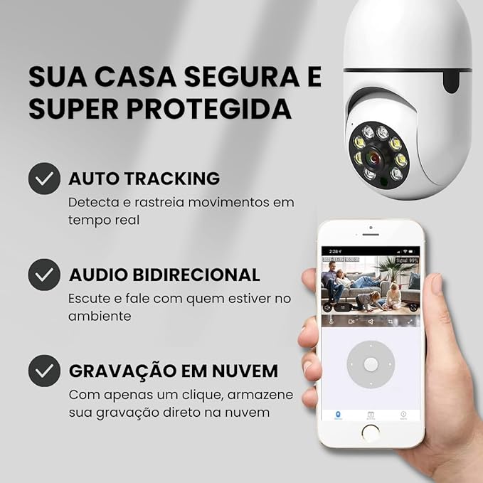 Kit 2 Câmeras de Segurança Wifi 360° - Prova D'água Lâmpada Giratória Visão Noturna 1080P HD (Especial Black Friday)