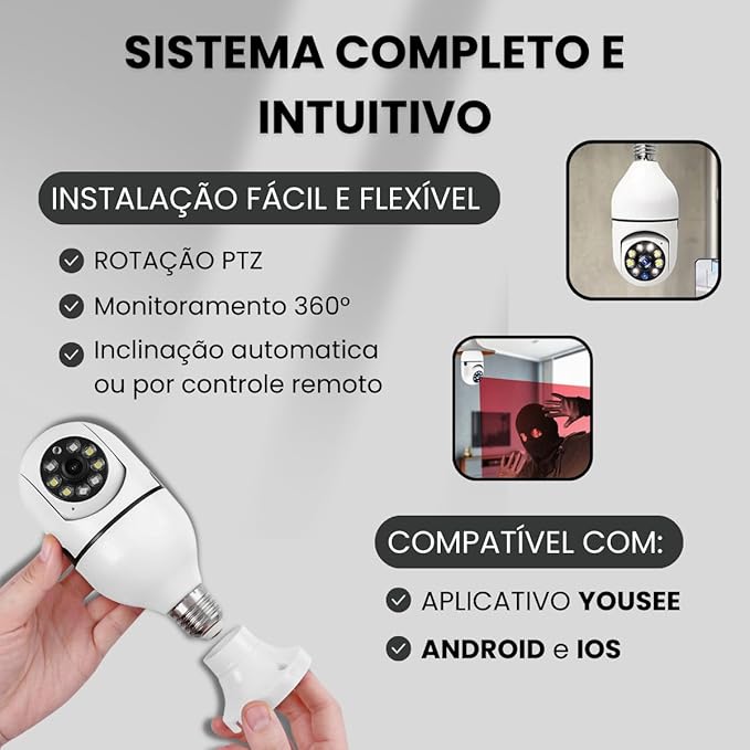 Kit 2 Câmeras de Segurança Wifi 360° - Prova D'água Lâmpada Giratória Visão Noturna 1080P HD (Especial Black Friday)