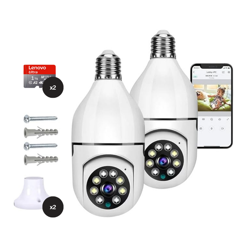 Kit 2 Câmeras de Segurança Wifi 360° - Prova D'água Lâmpada Giratória Visão Noturna 1080P HD (Especial Black Friday)