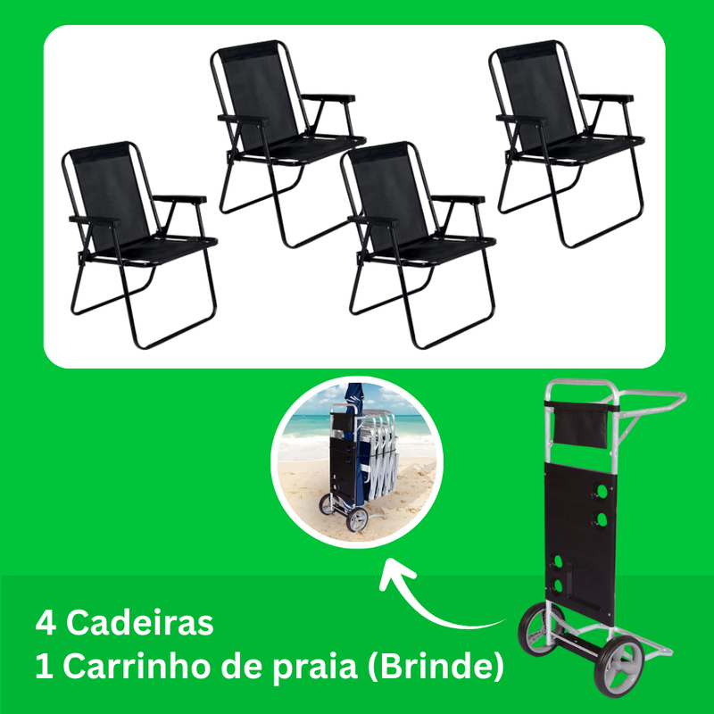(Especial Black Friday) Kit 2 Cadeiras de Praia Alta em Aço Reforçada 110 kg Preta